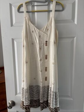 raya sun Cream Embroidered Layered Slip Dress with Brown Accents